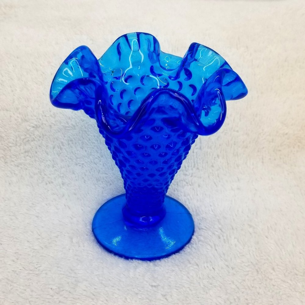 Vintage Fenton Cobalt Blue Hobnail 4” Ruffled Trumpet Vase
